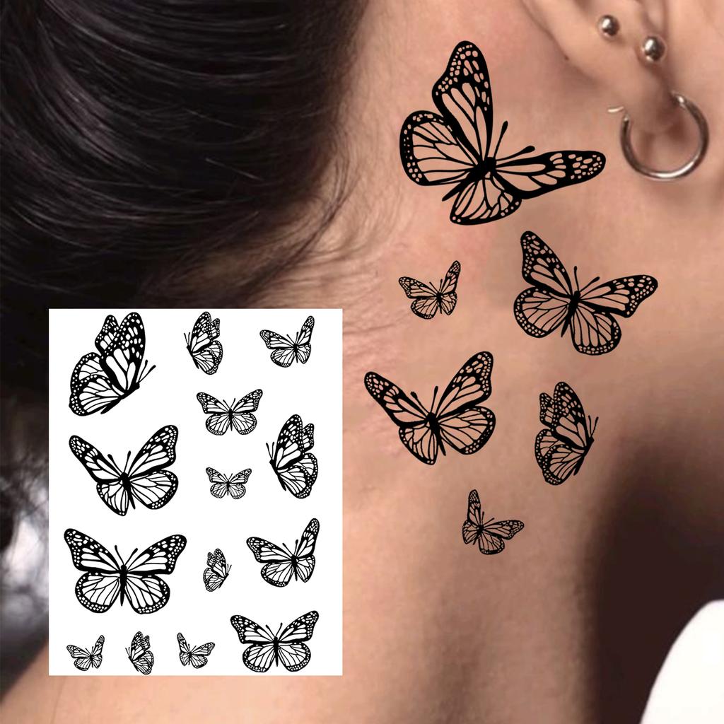 1 Hoja Mariposa Gato Ballena Tatuajes Temporales Para Mujeres Dedo Cuello, Pegatinas de Tatuaje Falso Larga Duración Realista Tatuaje Uso Diario
