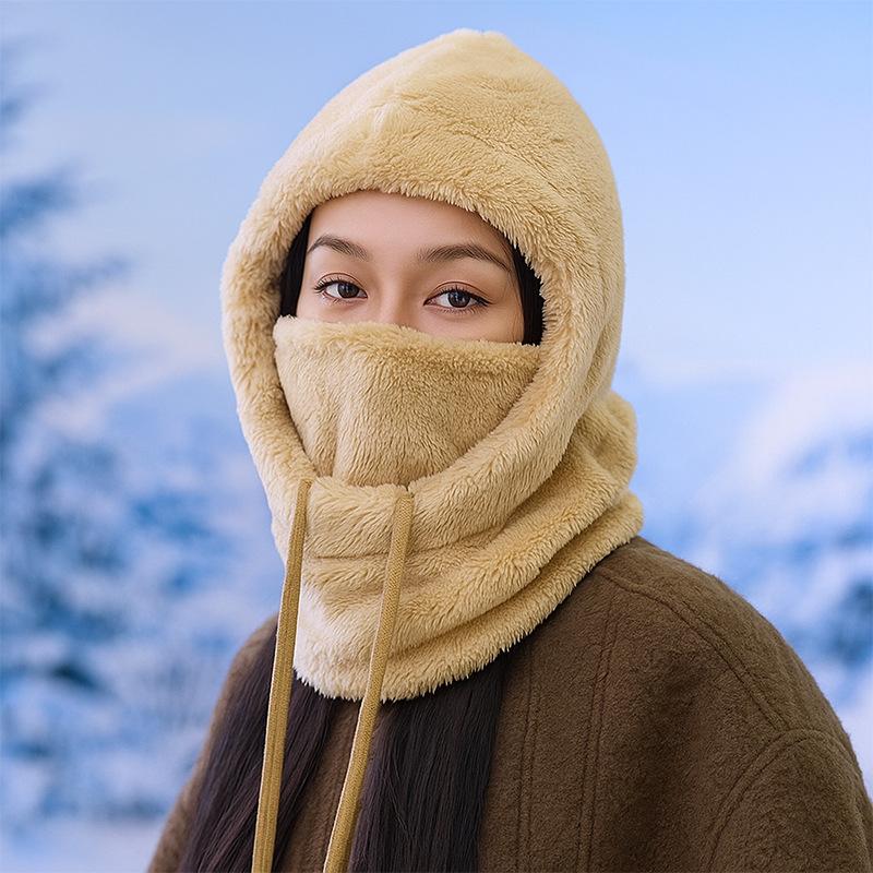 Hat Plush Warm Ear Protection Scarf Integrated Hat Women's Winter Thickened Ski Riding Mask Windproof Pullover Hat Tide