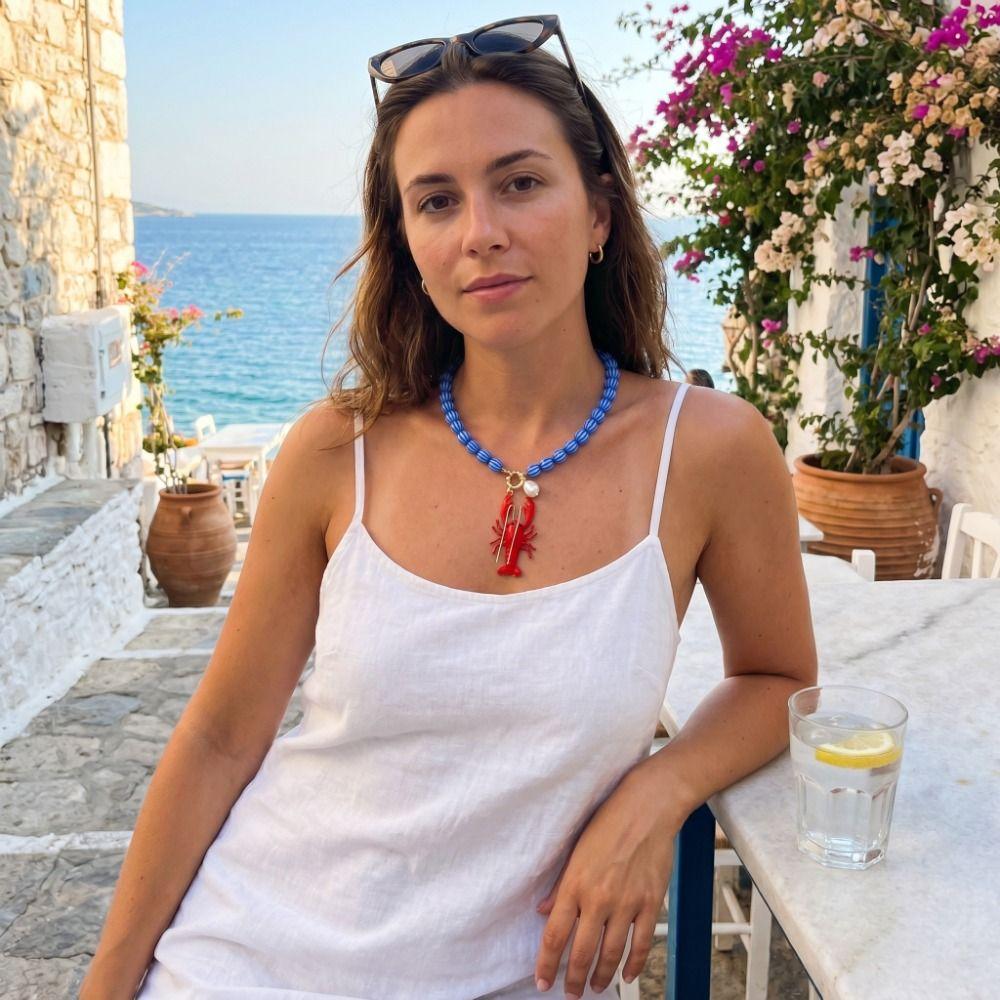 Lobster Enamel Crab Pendant Necklace Cute Bohemian Collarbone Chain  Beach