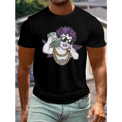 European Size Plus Size Men's Summer T-shirt, Bills Stylized Cherub Character Graphic Print Short Sleeve Tees Trend Casual Tops
