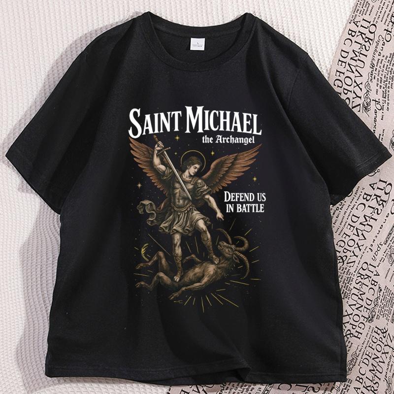 Sanit Michael T-Shirt Vintage Herren Damen Erzengel T-Shirt Katholischer Heiliger Christliches T-Shirt Lässig Rundhals Bedrucktes T-Shirt