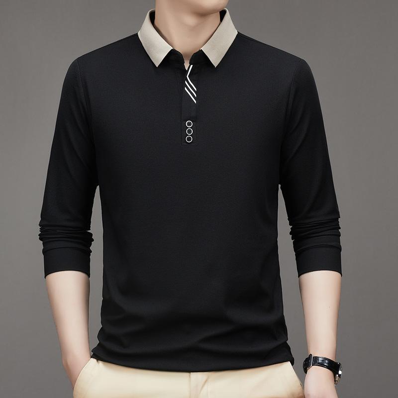 Spring and Autumn Men's Long Sleeve Polo Shirt Men's Business Scissors Collar Solid Color Lapel Base T-shirt Men