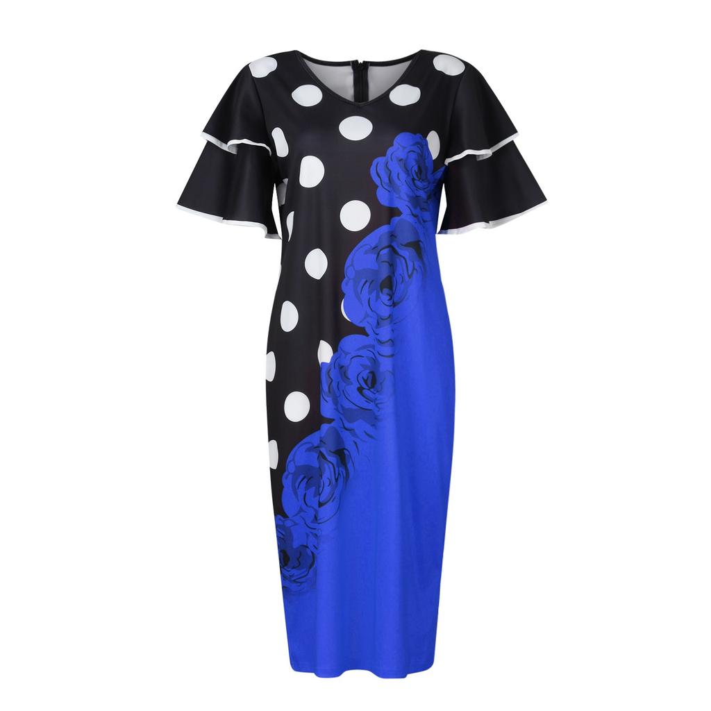 Women's Fashion Casual V-neck Flared Sleeves Large Size Printed Waist Slimming Short-sleeved Dress