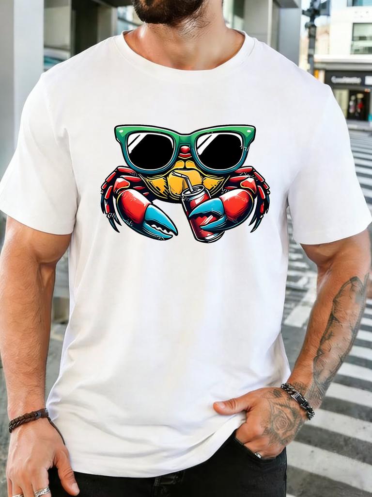 Trendy Sunglasses Crab Soda Drink Graphic Unisexs Soft Cotton Short Sleeve Crew Neck Tee Casual Beach Daily Loose Street Wear Top