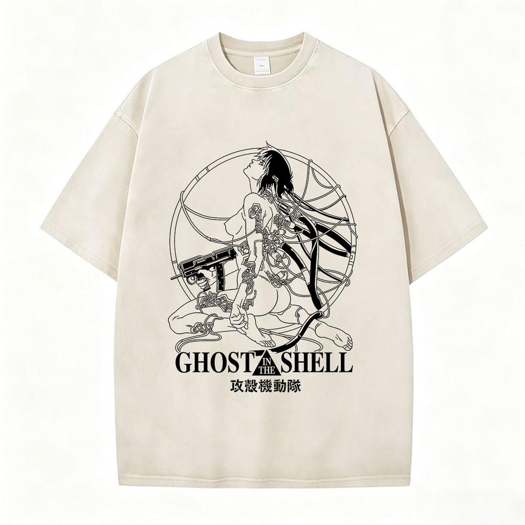 Anime Ghost In The Shell Motoko Kusanagi Vintage Washed T Shirts Men Women Clothing Casual Short Sleeve Oversized Tshirts Tops