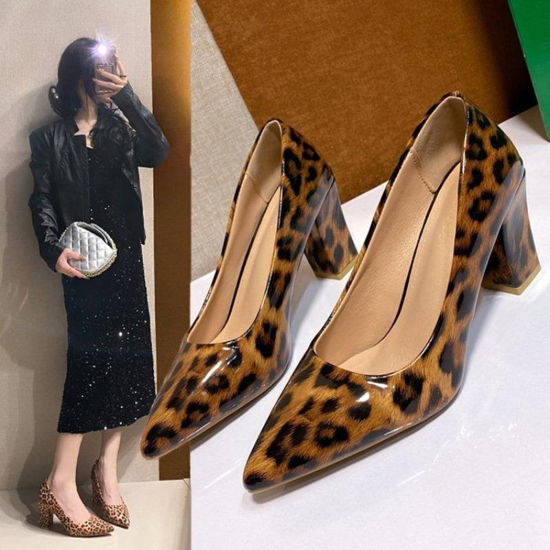 Γόβες Slip-on από Λουστρίνι με Λεοπάρ Μοτίβο Μόδα Μυτερή Μύτη Χαμηλό Μπροστινό Αντιολισθητικές Ανθεκτικές στη Φθορά Παπούτσια με Χοντρό Τακούνι
