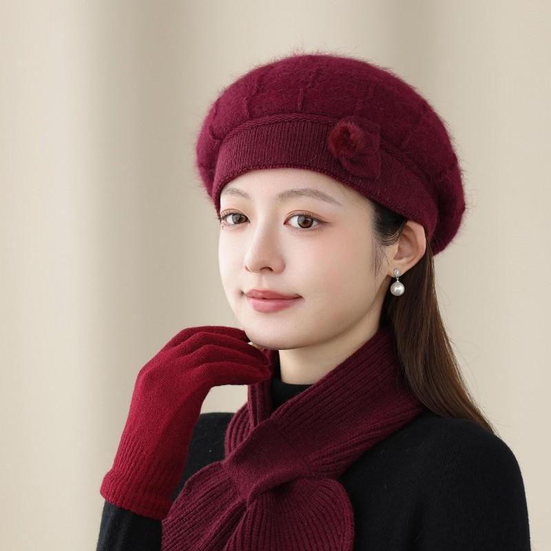 Womens Knitted Beret Hat Winter Warm Rabbit Hair Beanie With Scarf Gloves Set British Style Elegant Cap Cold Weather