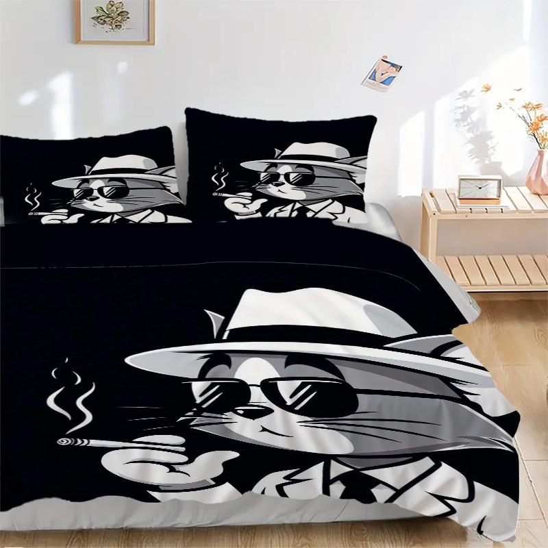 3pcs Smoking Tom Cat Bedding Set - Includes 1 Quilt Cover and 2 Pillowcases, Comfortable Bedding with Stylish Design for Bedroom, Machine Wa