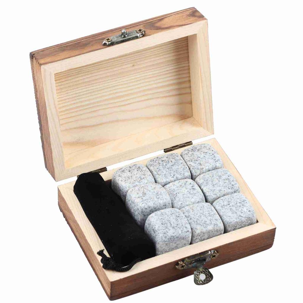 9Pcs Whisky Wine Chilling Stones Set Bar Home Drink Chiller Stones Rocks Wooden Box Packaging
