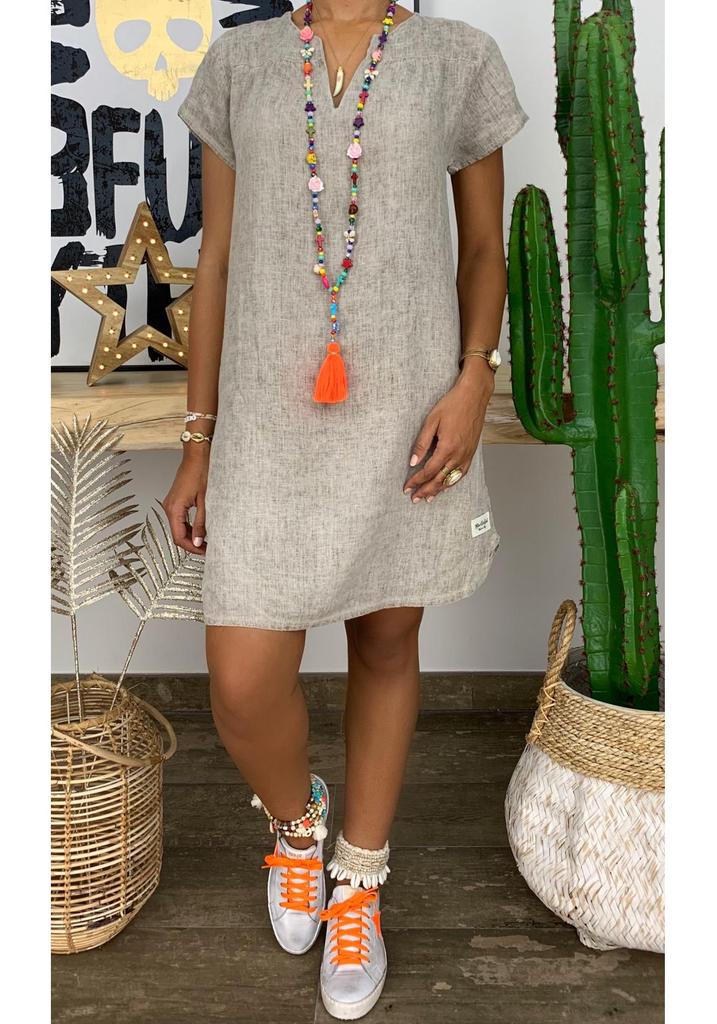 2025 Summer Solid Color V-Neck Cotton Linen Short Sleeve Dress for Women
