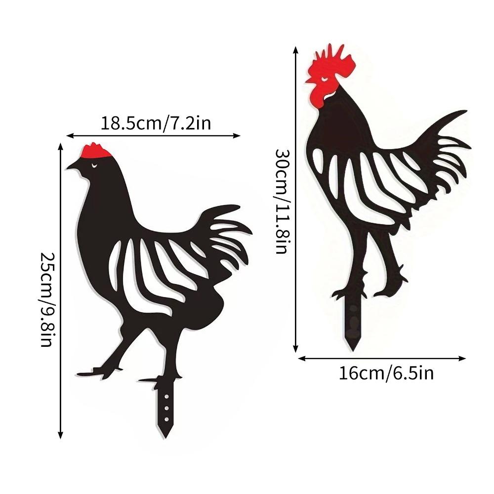 Black Metal Rooster Hen Garden Stake Decor  Patio Border Ground Inserted Adornment