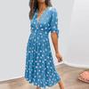 Ladies' Loose Comfortable Casual And Fashionable Summer Deep V-wave Printed Short Sleeved Waist Cinched Dress