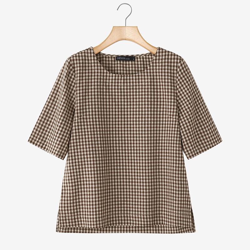 

ZANZEA Женская повседневная блузка с круглым вырезом, рукавом три четверти, свободного кроя, в клетку 5XL коричневый