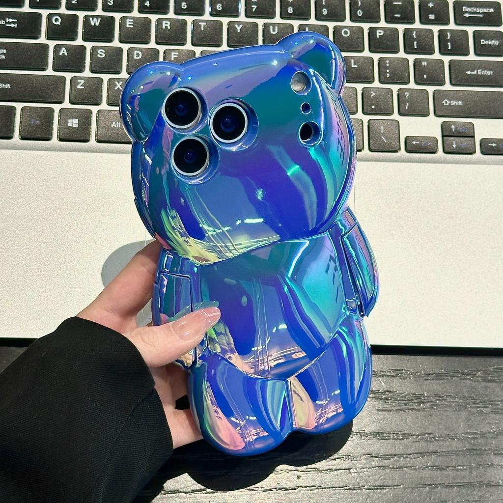 Cute Personalized Laser Three-dimensional Bear, Suitable for iPhone16Pro Max Mobile Phone Case, Apple 17 New 14/15.