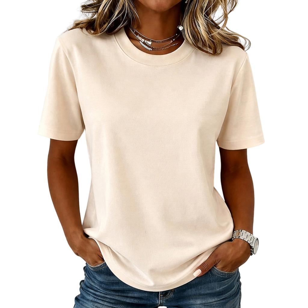 Women Casual Basic Crew Neck Short Sleeve Solid T Shirt Soft Lightweight Relaxed Fit Plain Top for Everyday Wear