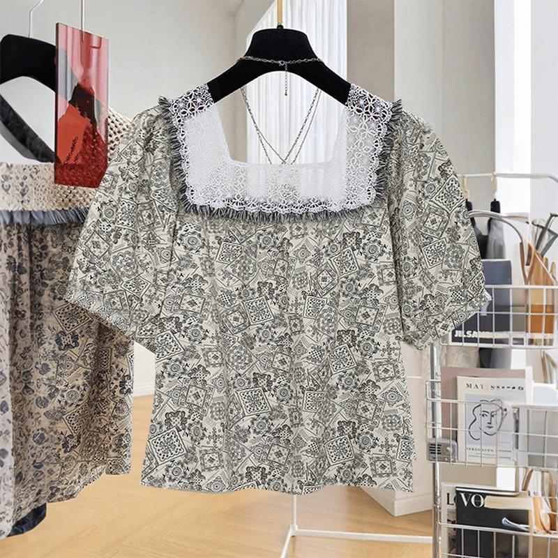ZANZEA Women Summer Lace Splice Square Neck Casual Short Sleeve Print Blouse