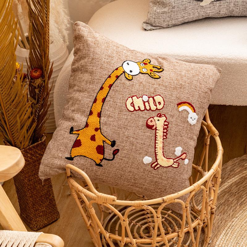 Cotton and Linen Cartoon Towel Embroidered Pillow Case Animal Pattern Children's Room Decorative Cushion Bedside Pillow