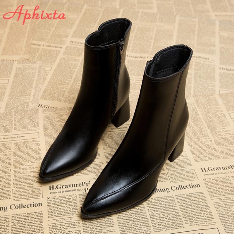 Fashion Aphixta 6.5cm High Heel Ankle Boots Patent Leather Women Winter Boots Pointed Toe Elegant Zip Concise Black Footwear Women Shoes