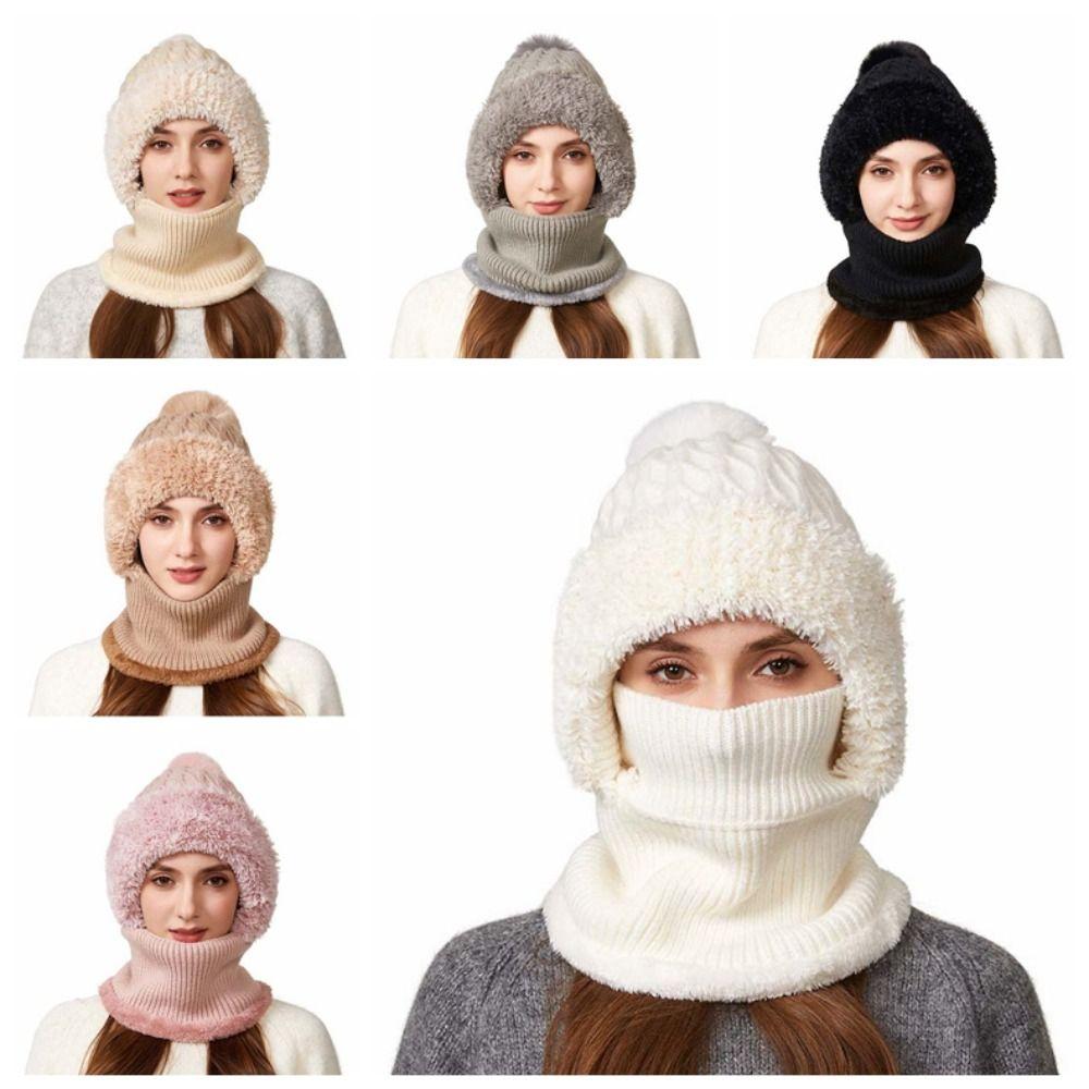 Windproof Winter Cap Mask Set Solid Color Balaclavas Hat Casual 2in1 Scarf Hat Ski