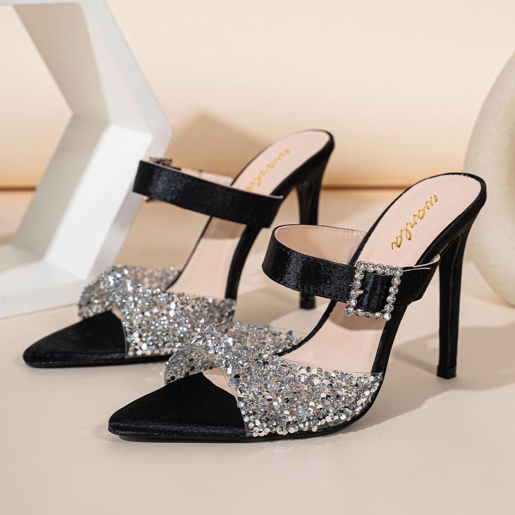 Plus Size Sequin Stiletto Mules: Sexy Pointed Toe & Open Toe Slippers for Women