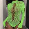 Women Rhinestones Fishnet 3/4 Sleeve Bodysuit Sparkling Mesh Cold Shoulder Lingerie Jumpsuit Top Rave Party Outfits