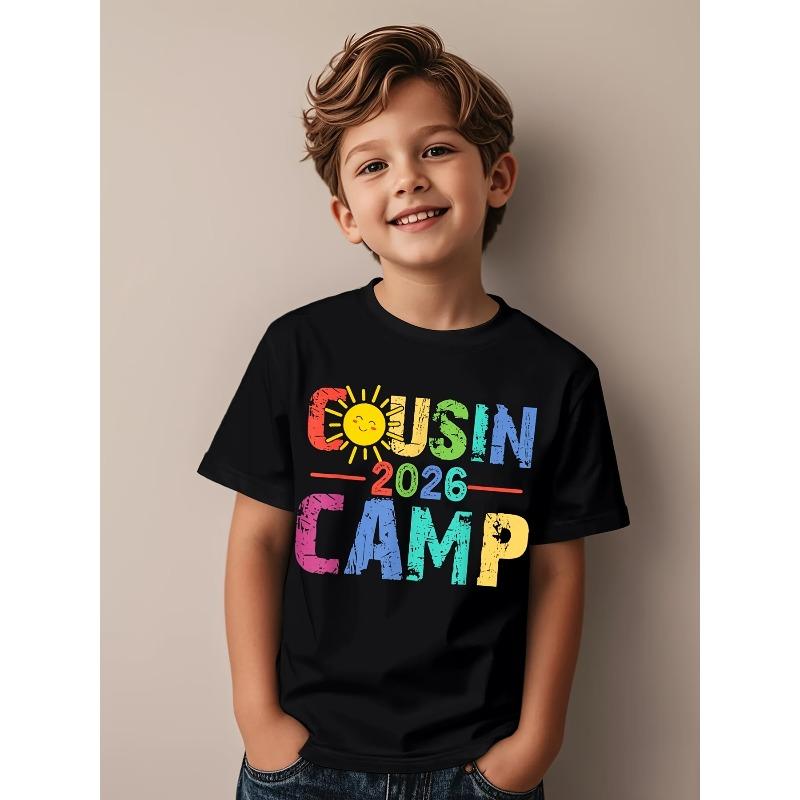 European sizes Family Camping Summer Vacation Squad Cousin Camp Novelty Aesthetic Print Kids T-Shirt, Fashionable Children s Clothing Trendy Top 110 чёрный