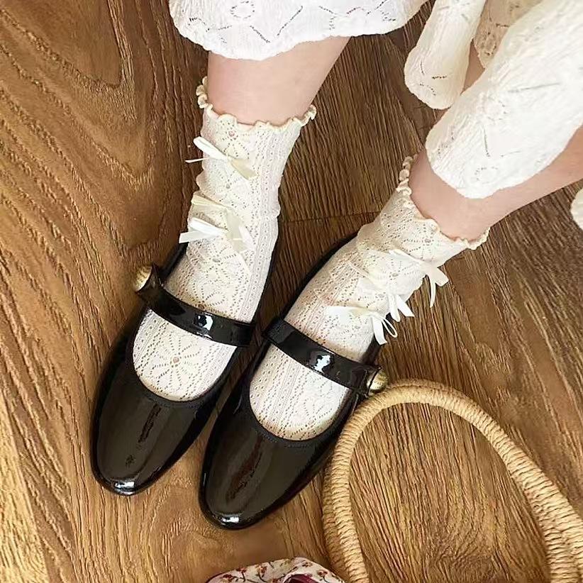 Womens Thin Mesh Breathable Midcalf Lace Socks With Mary Jane Lace Trim Hollowout Lace And Bowknots