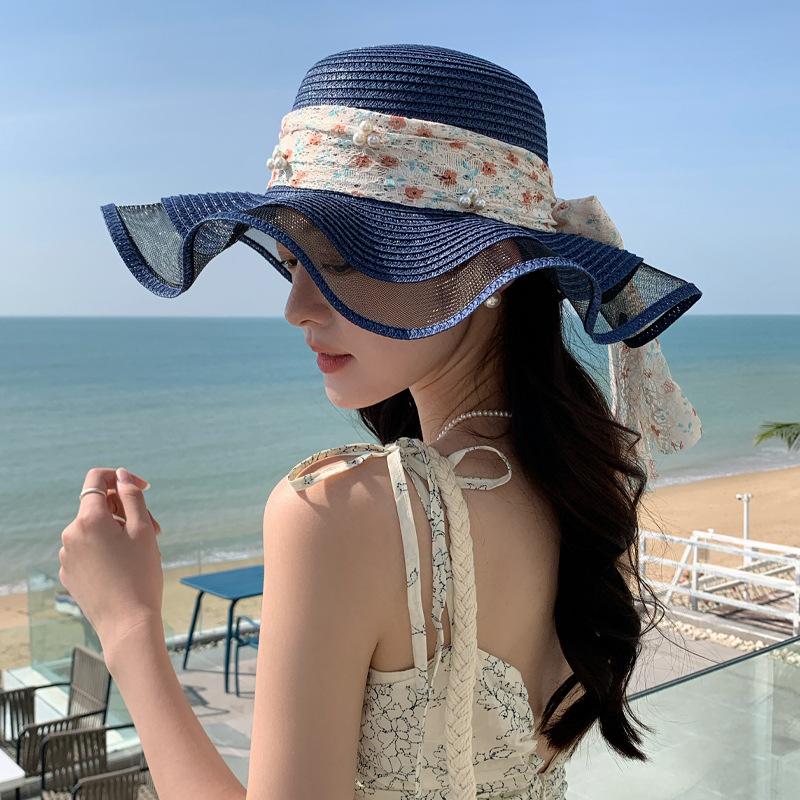 Hat Female Sweet Pearl Lace Ribbon Straw Hat Summer Seaside Big Brim Sun Hat Vacation Sun Hat