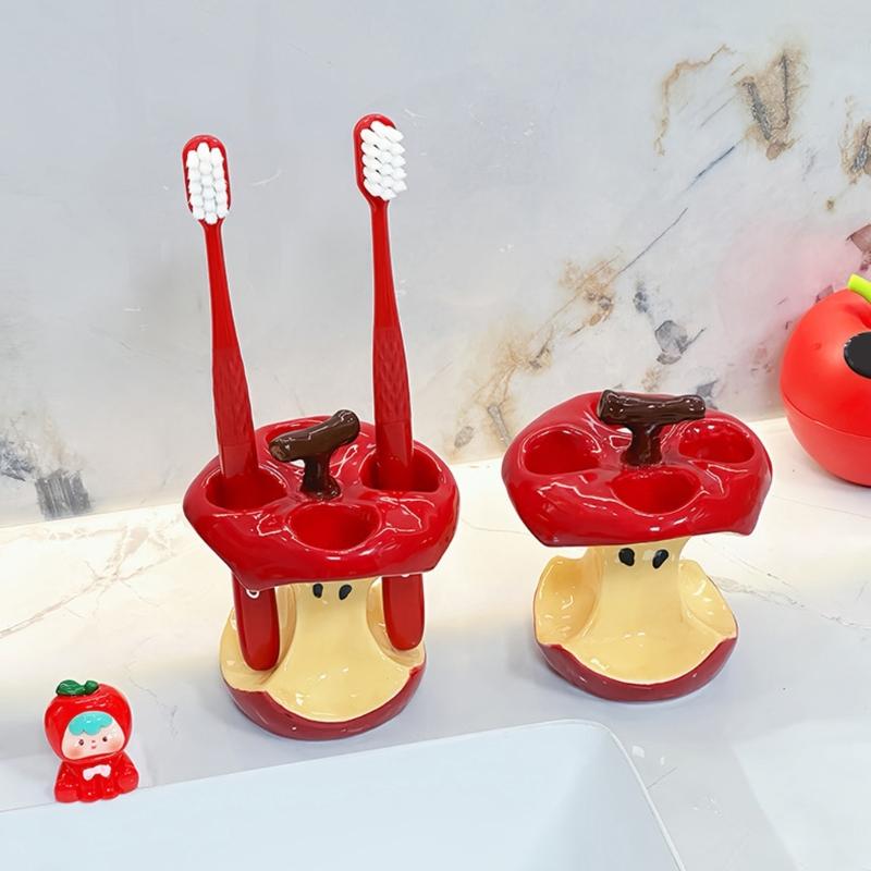 Hygienic Ceramic Toothbrush Stand With 4 Compartments  Fruit Core Theme Bathroom Storage Rack Pen Holders Organizers