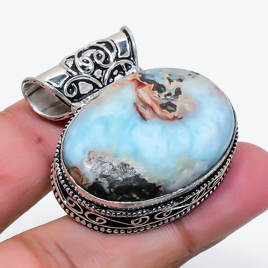 Natural Larimar Gemstone Handmade 925 Sterling Silver Jewelry Pendant 1.38" AP-15994
