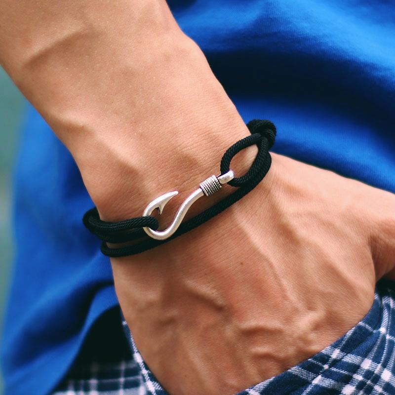 Neues Mode-Seilarmband Herren Silberfarbe Angelhaken Armband Zweilagig Schiebbar Verstellbar Nautisches Wickelband Armband Pulseria Homme