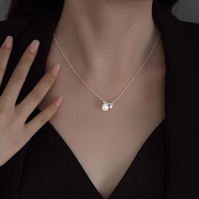 S925 Sterling Silver Balance Beam Necklace for Women Shell Pearls Light Luxury Temperament Necklace Light Luxury Clavicle Chain