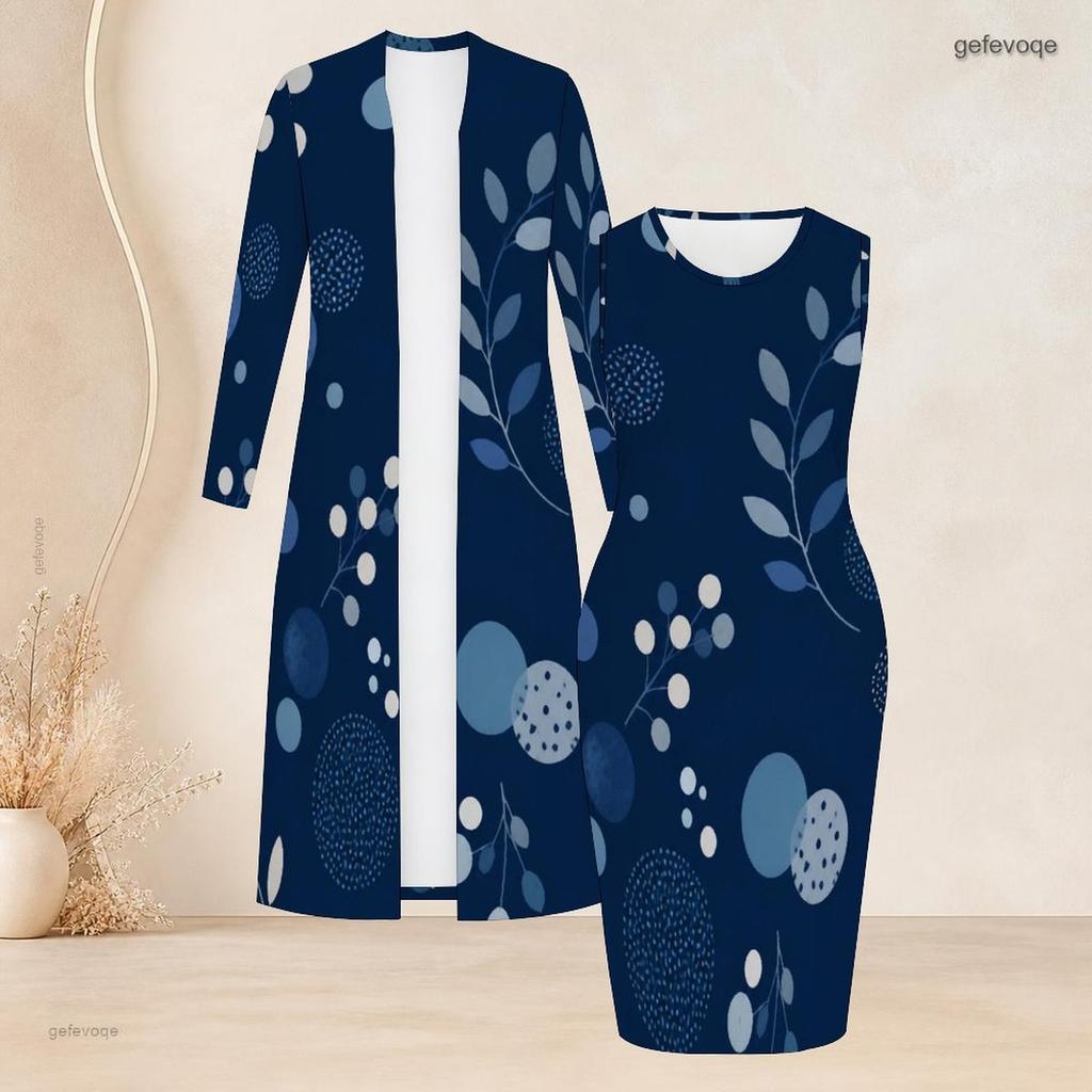 Women Plus Size Two Piece Set Sleeveless Bodycon Dress Long Sleeve Open Front Printed Cardigan