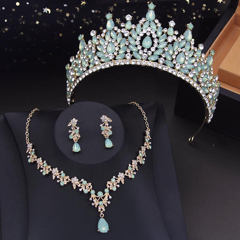 Gorgeous Green Tiaras Jewelry Sets for Women Bridal Wedding Crown Set Party Prom Bride Necklace Earrings Costume Accessory