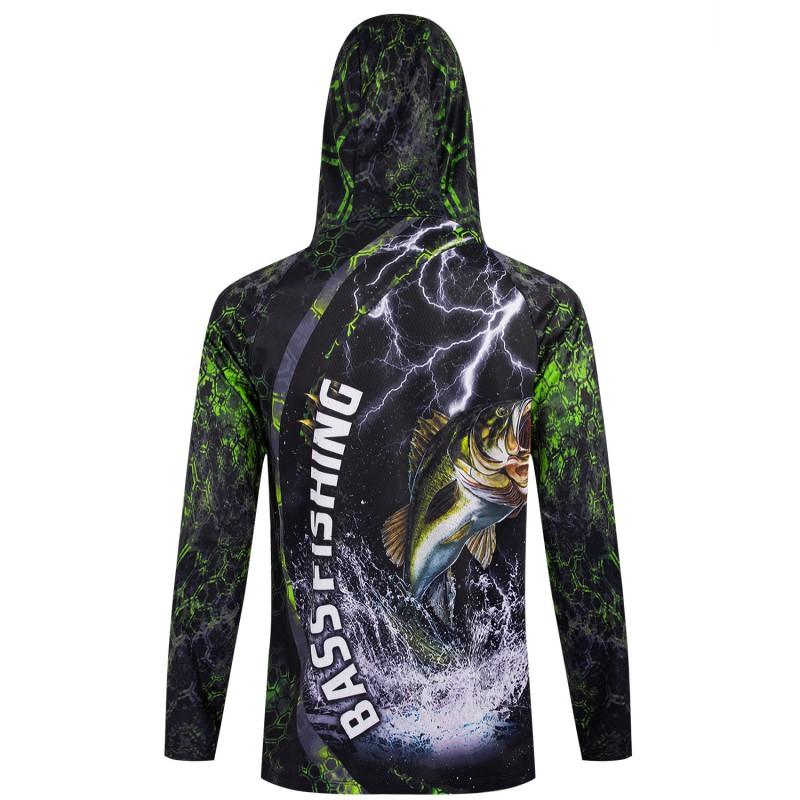 Mens UPF 50 Quick-Dry Fishing Hoodie With Face Cover Breathable Sun Protection Shirt Outdoor Angling Hiking Cycling