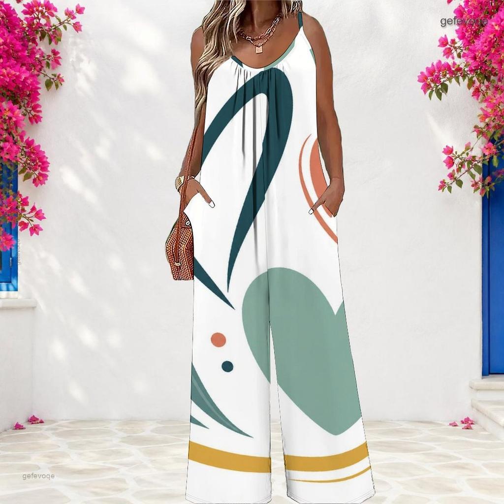 Damen Spaghettiträger Jumpsuit Moderner Abstraktes Herz Punkt Streifen Print Weite Hosen Mit Taschen