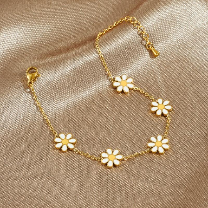 Gold Daisy Flower Enamel Bracelet For Women Dainty Jewelry