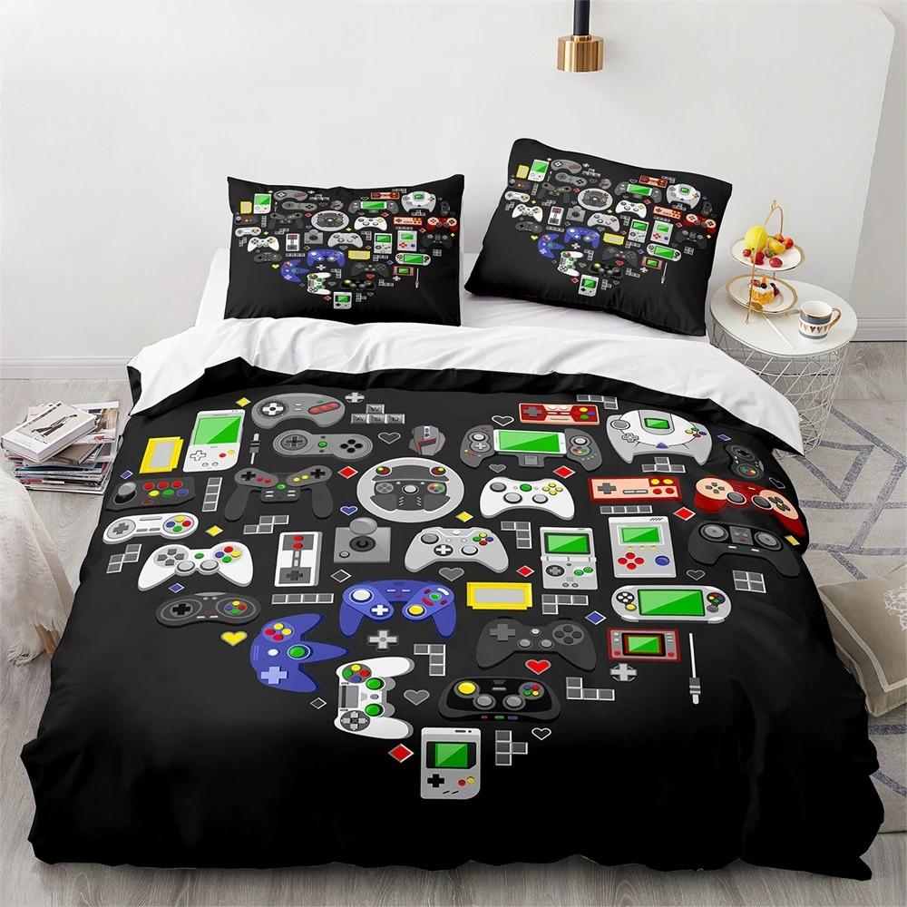 Game King Queen Duvet Cover 3D Black Game Handle Bedding Set for Kids Teens Boys Man Gamer Bedroom Decor Quilt Cover Pillowcase