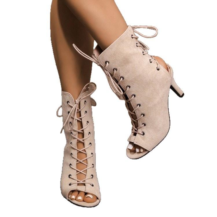 Fish mouth large size spring and autumn new thin high heel temperament cross lace-up cool boots women