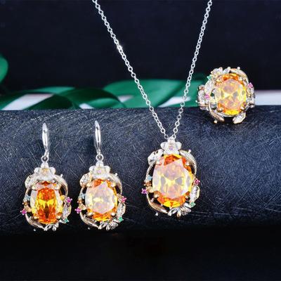 Helles Gelbes Diamant Lotusblatt Fische Spielen Lotus Ring Set Luxus Farbiges Schatz Koi Fisch Halskette Ohrringe Weiblich