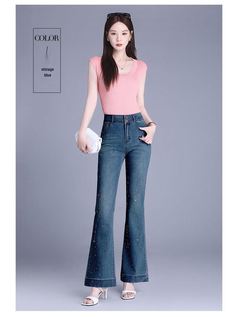Women's Rhinestone High-Waisted Micro-Flare Stretch Jeans - 2025 Autumn/Winter Style
