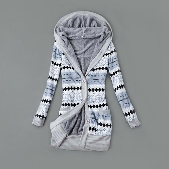Stribet Print Langærmet Sweaterfrakke Efterår Vinter Knaplukning Hætte Plysforing Sweater Cardigan Ydertøj