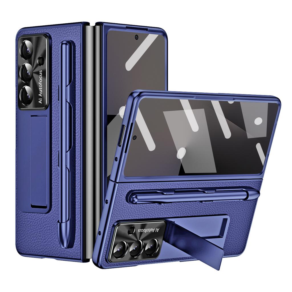 For Samsung Galaxy Z Fold7 5G Case Kickstand Leather+PC Hard Phone Cover with Screen Film and Stylus
