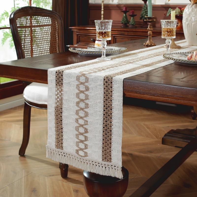 Boho Farmhouse Linen Table Runner–Rustic Macrame with Tassels,Burlap&Cotton Blend for Baby Shower Home Decor and Holiday Events
