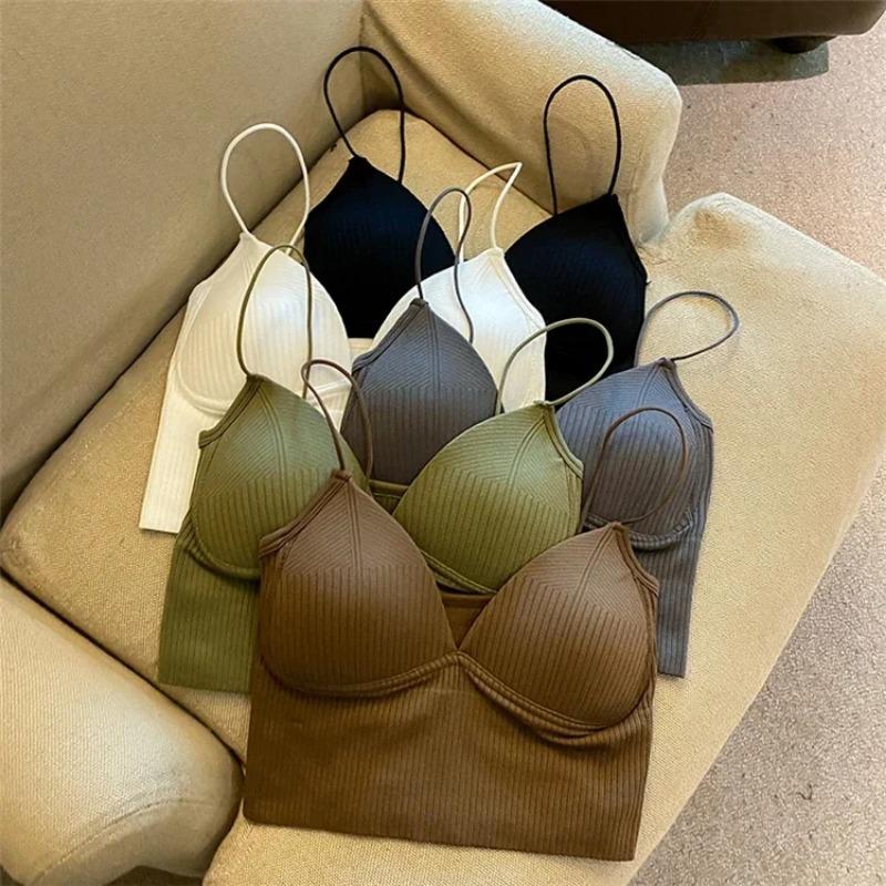 Koreańska Moda Dzianinowy Gorset Krótki Top na Ramiączkach Spaghetti z Wbudowanym Biustonoszem