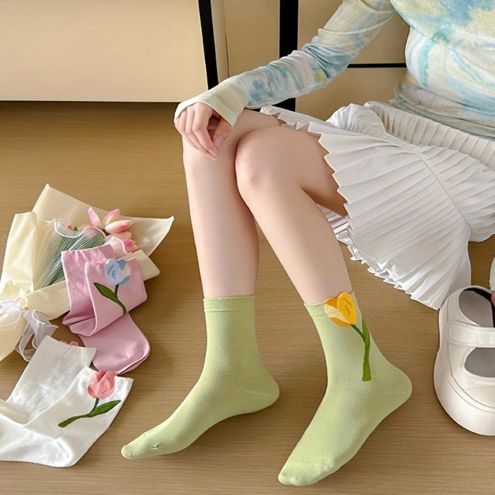 5 Pair Women's Cotton Socks with Floral Tulip Prints - Soft, Comfortable, and Stylish for Spring and Summer