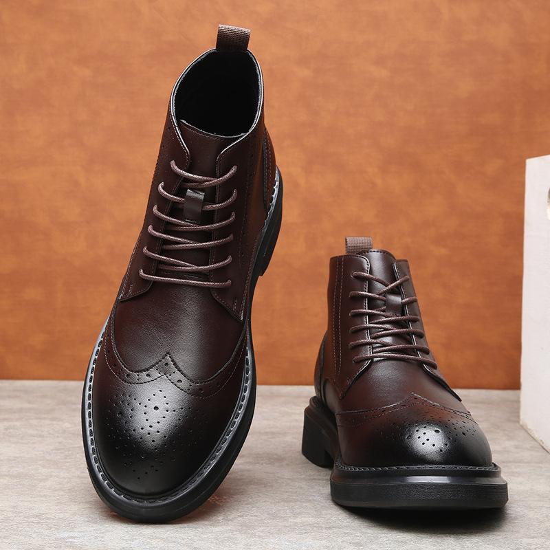 FashionCow Leather High-soled Brock High-top Boots for Men Autumn Winter Fleece Warm Ankle Boots Male Fashion Casual Platform Shoes Man