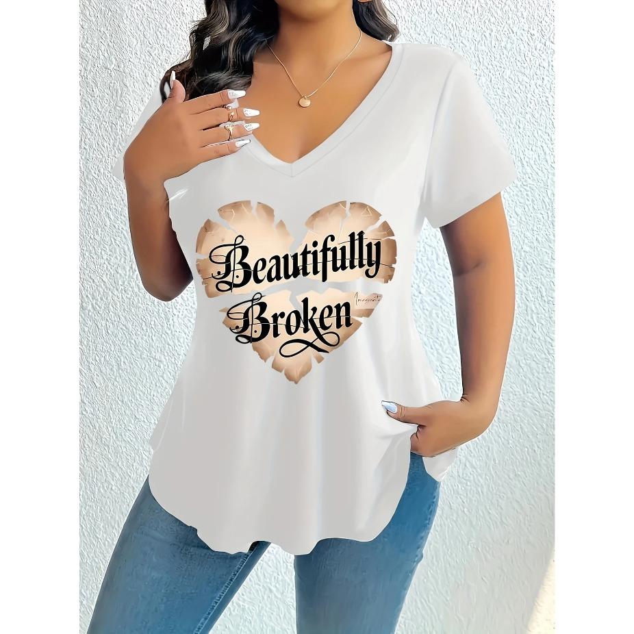 Women'S Plus Size Elegant V-Neck T-Shirt - Short Sleeve, Comfortable Print Top for Spring/Summer "Beautifully Broken" Heart Design, Casual Wear