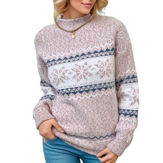 

Зимний женский рождественский свитер с полувысоким воротником, цветной узор в виде снежинок, длинный рукав, трикотаж, толстый теплый новогодний свитер S розовый