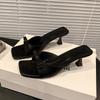 2025 Summer Square Head Open Toe Solid Color Bow Thin Heel Simple Versatile Women's High Heel Cool Slippers